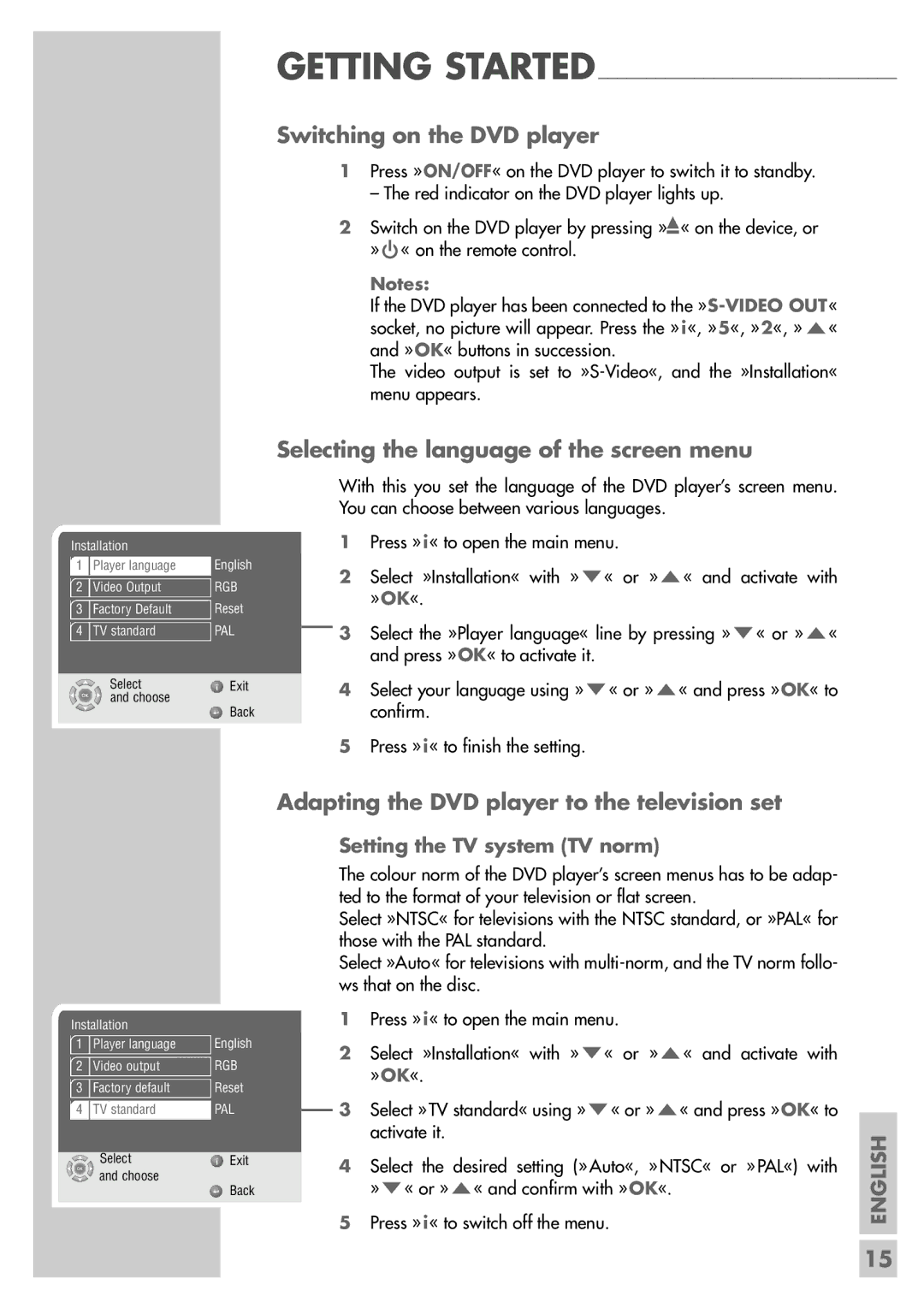 Grundig GDP 9550 Switching on the DVD player, Selecting the language of the screen menu, Setting the TV system TV norm 