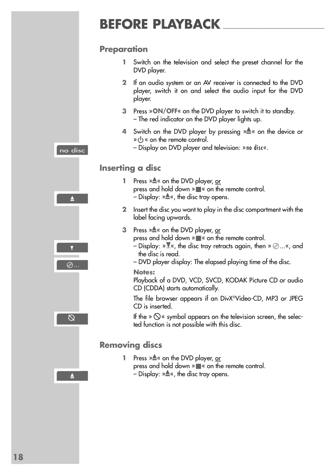 Grundig GDP 9550 manual Preparation, Inserting a disc, Removing discs, Before Playback 