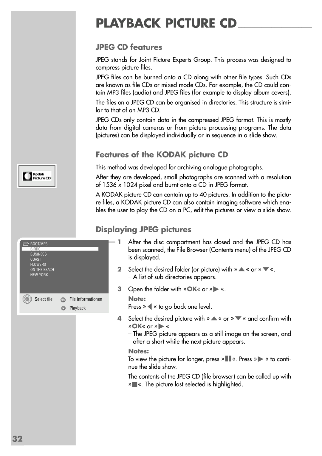 Grundig GDP 9550 manual Jpeg CD features, Features of the Kodak picture CD, Displaying Jpeg pictures, Playback Picture CD 