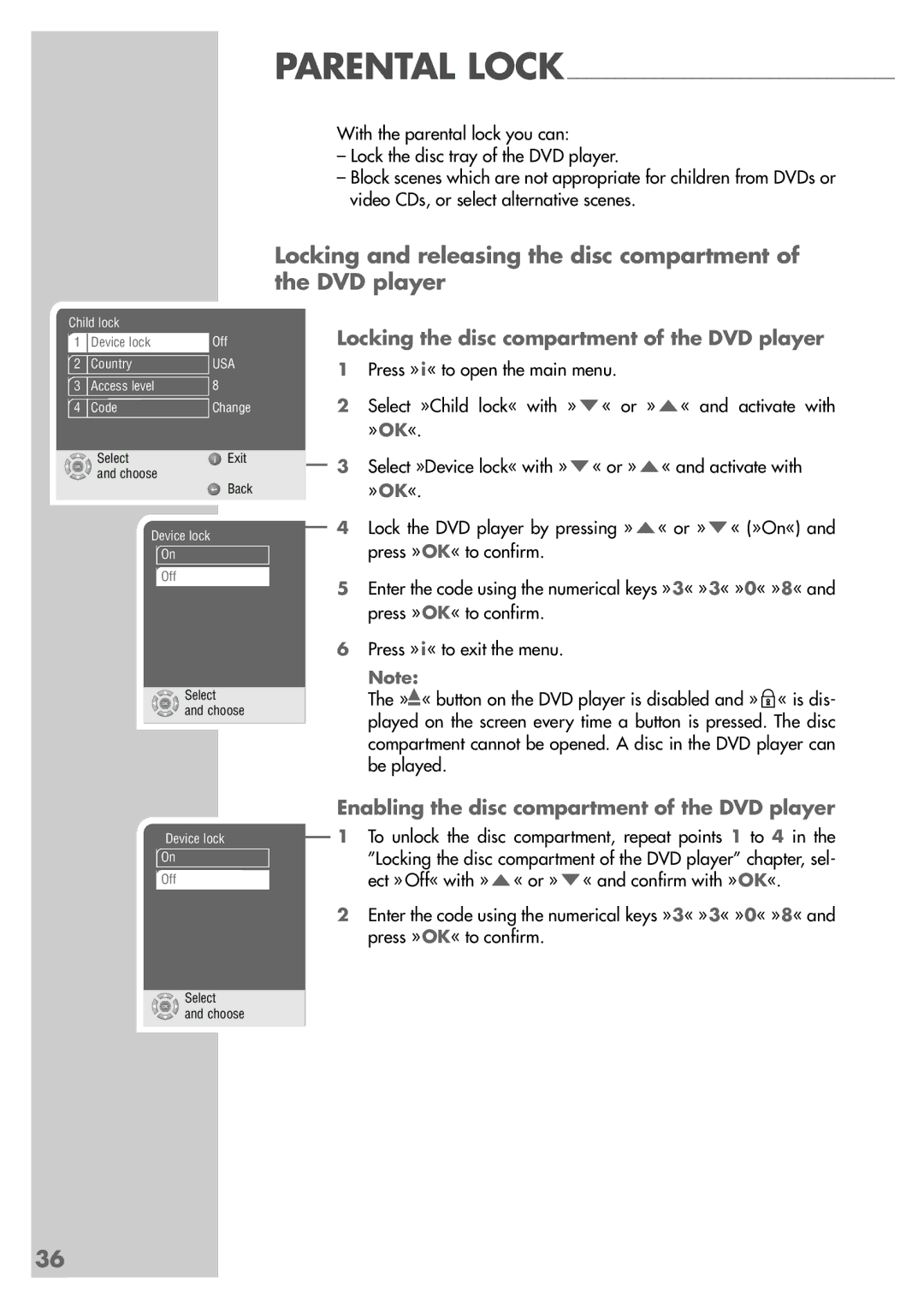 Grundig GDP 9550 Locking the disc compartment of the DVD player, Enabling the disc compartment of the DVD player, »Ok« 