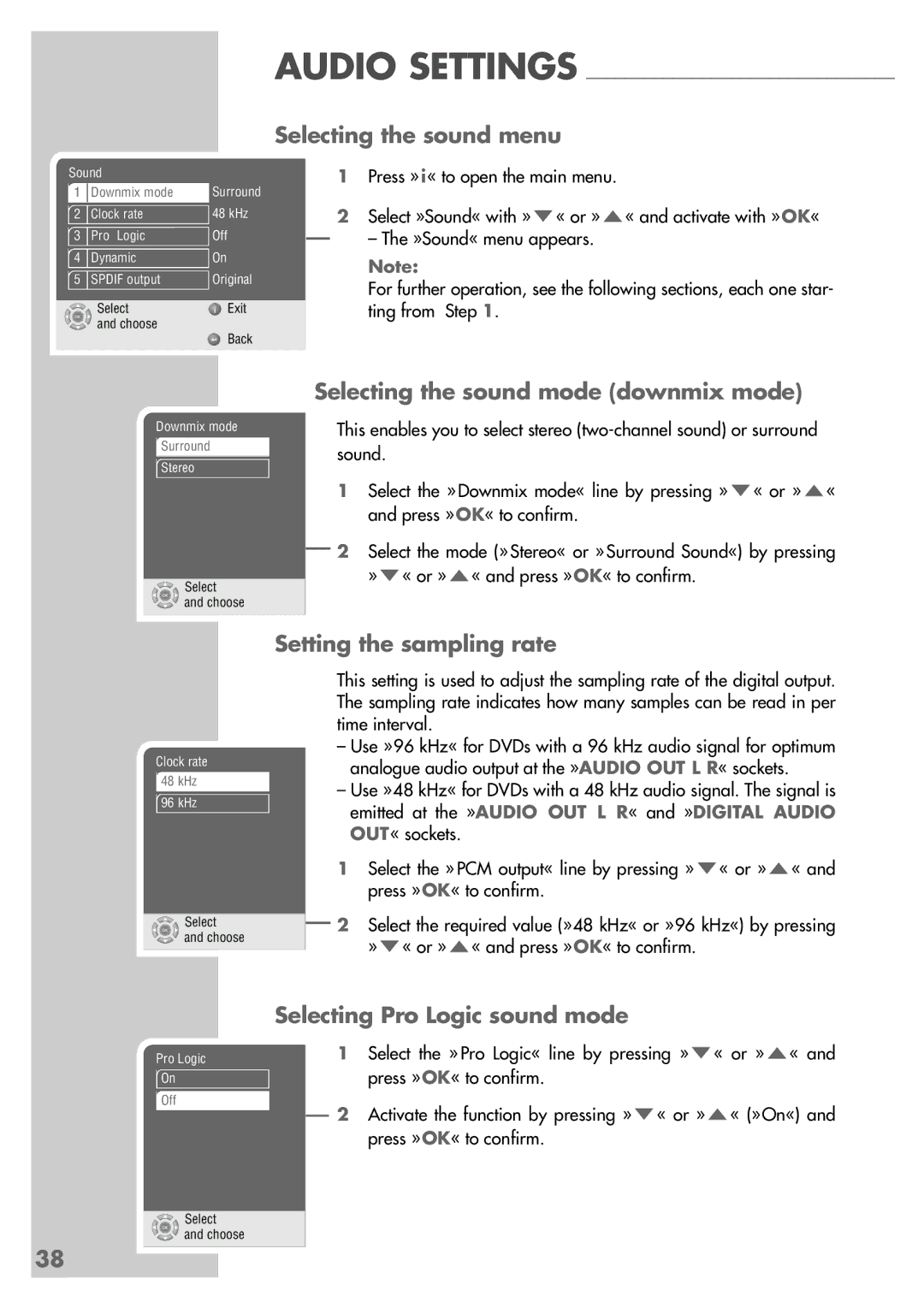 Grundig GDP 9550 manual Selecting the sound menu, Selecting the sound mode downmix mode, Setting the sampling rate 