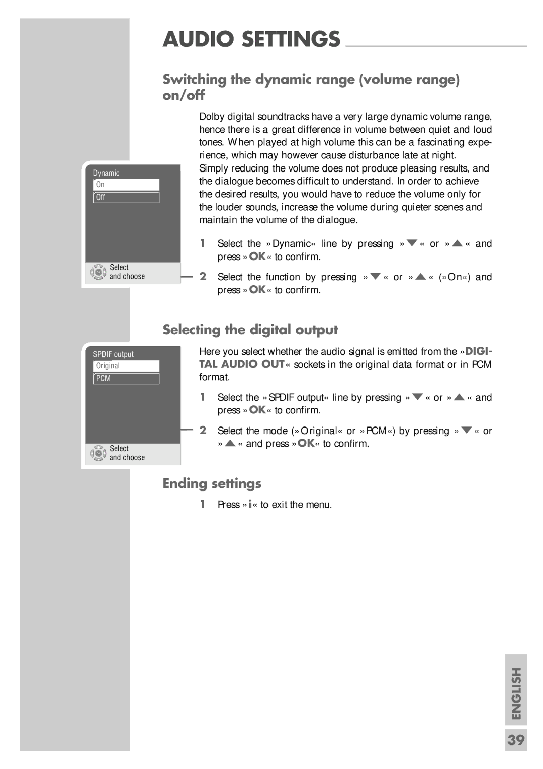 Grundig GDP 9550 manual Switching the dynamic range volume range on/off, Selecting the digital output, Ending settings 