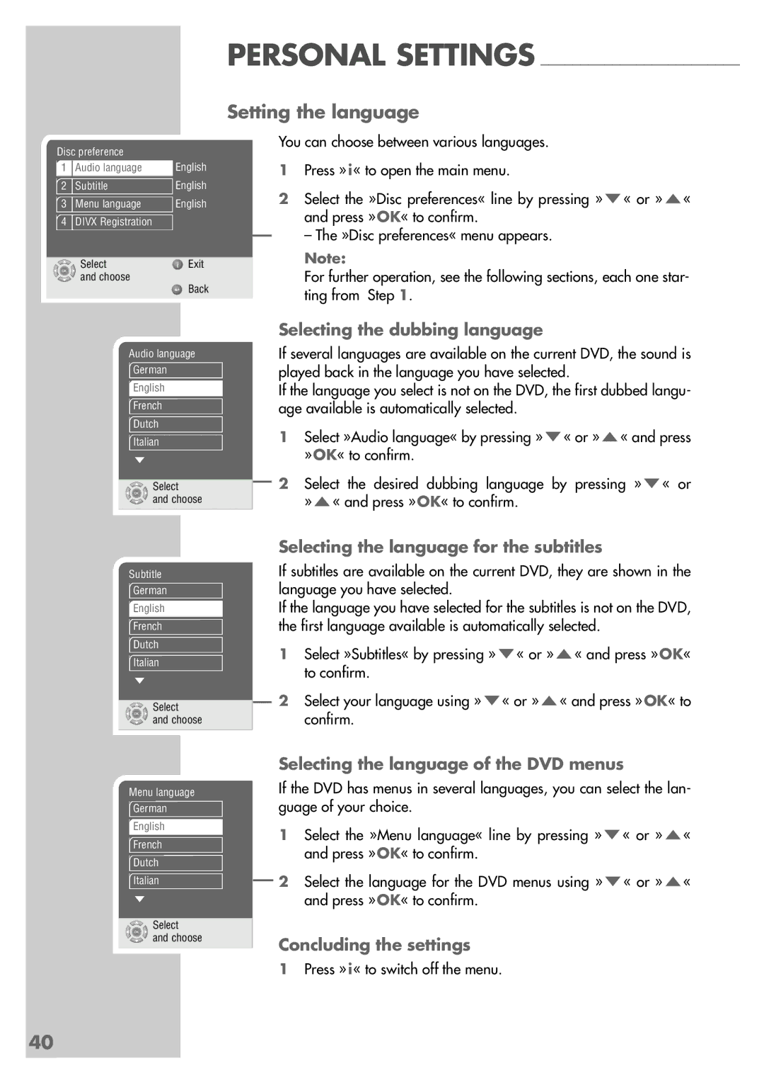 Grundig GDP 9550 manual Setting the language, Selecting the dubbing language, Selecting the language for the subtitles 