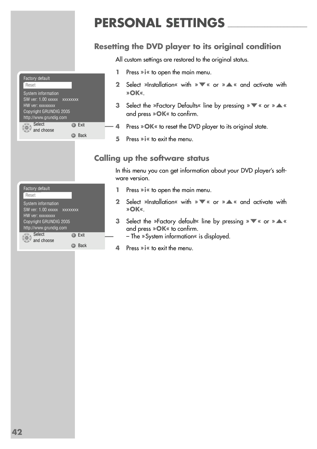 Grundig GDP 9550 manual Resetting the DVD player to its original condition, Calling up the software status 