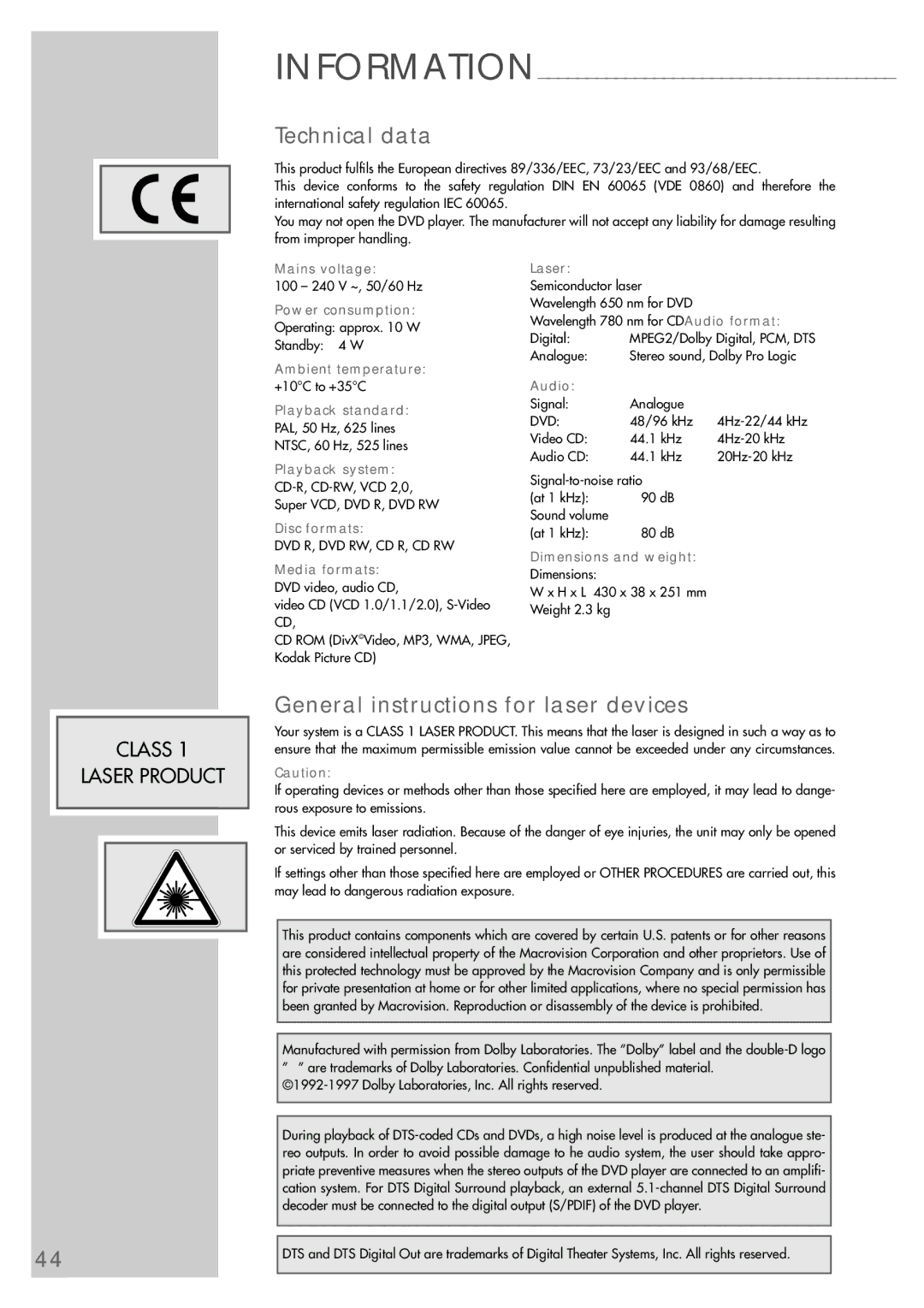 Grundig GDP 9550 manual Technical data, General instructions for laser devices 