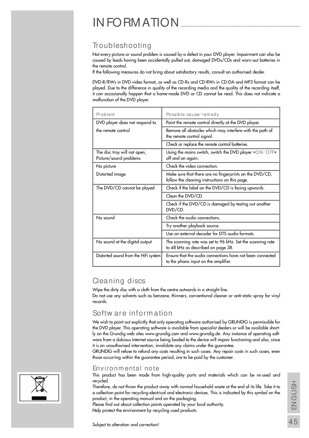 Grundig GDP 9550 manual Troubleshooting, Cleaning discs, Software information, Environmental note 