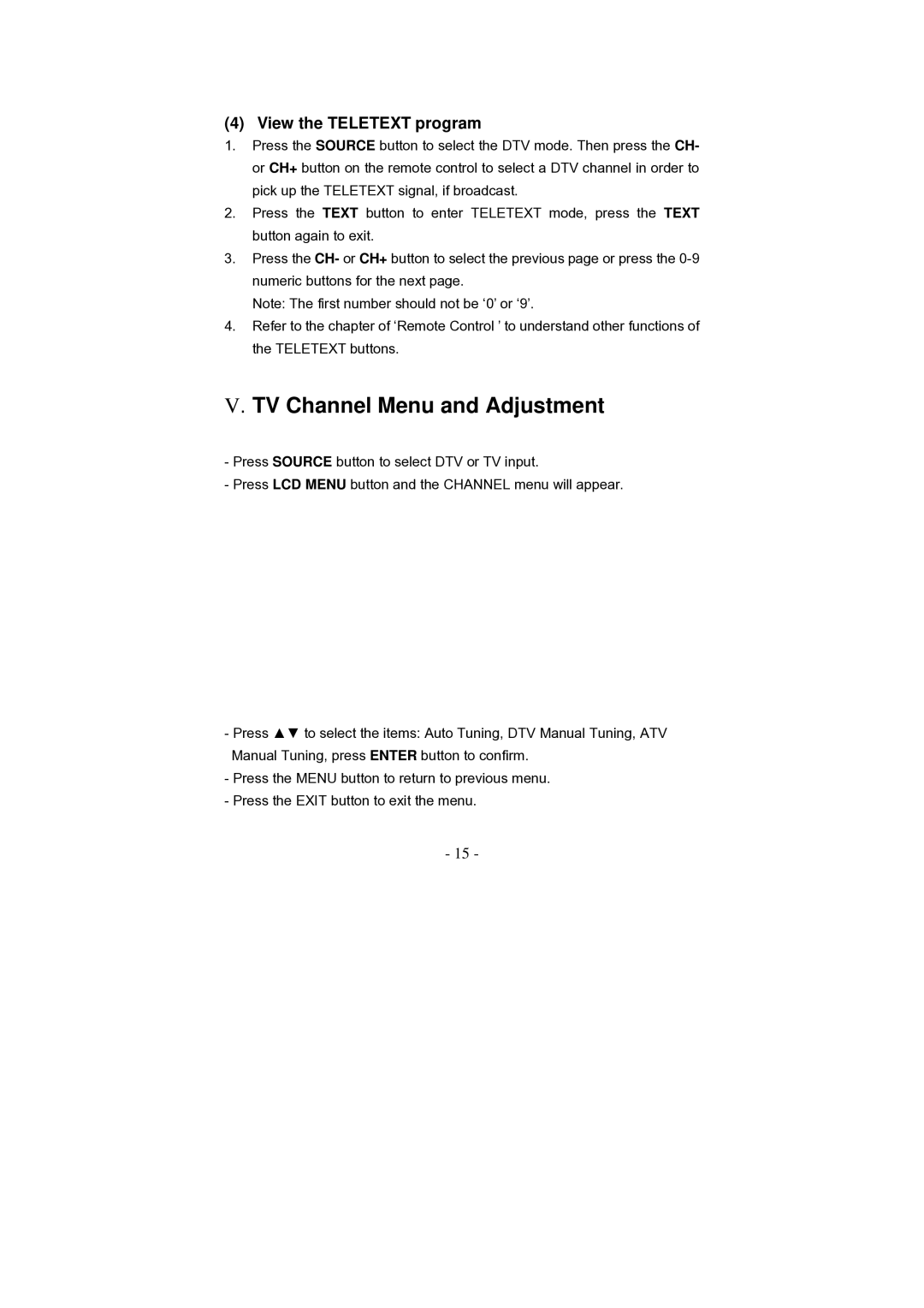 Grundig GLCD2206HDVW, GLCD1906HDVW manual TV Channel Menu and Adjustment, View the Teletext program 