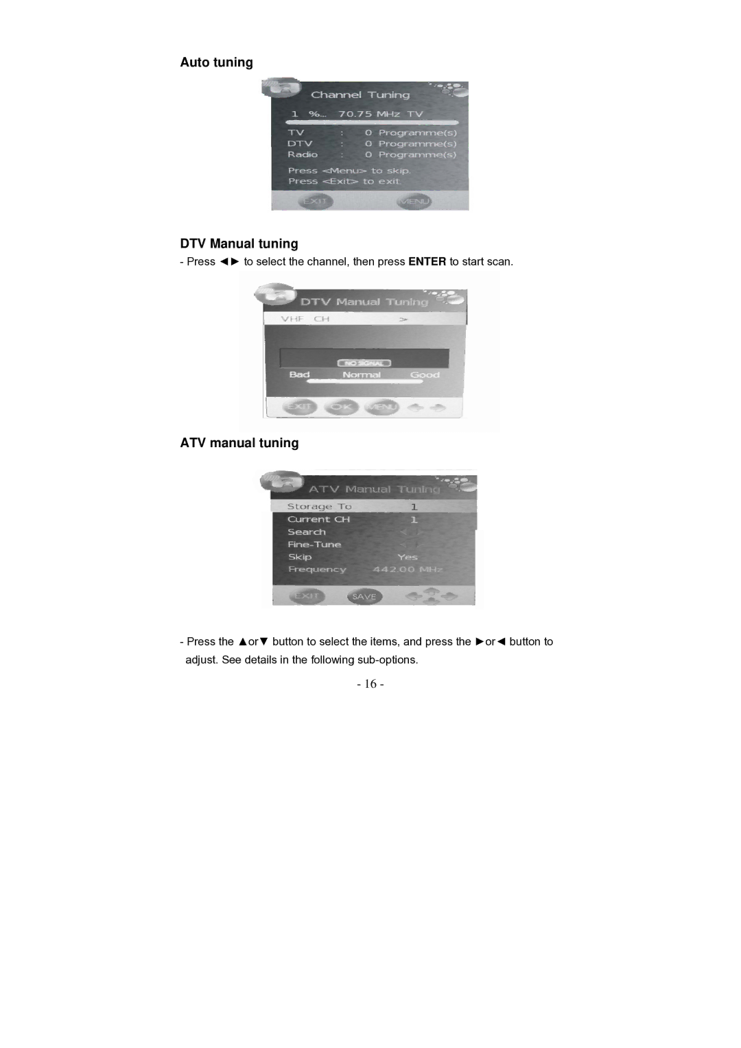 Grundig GLCD1906HDVW, GLCD2206HDVW Auto tuning DTV Manual tuning, ATV manual tuning 