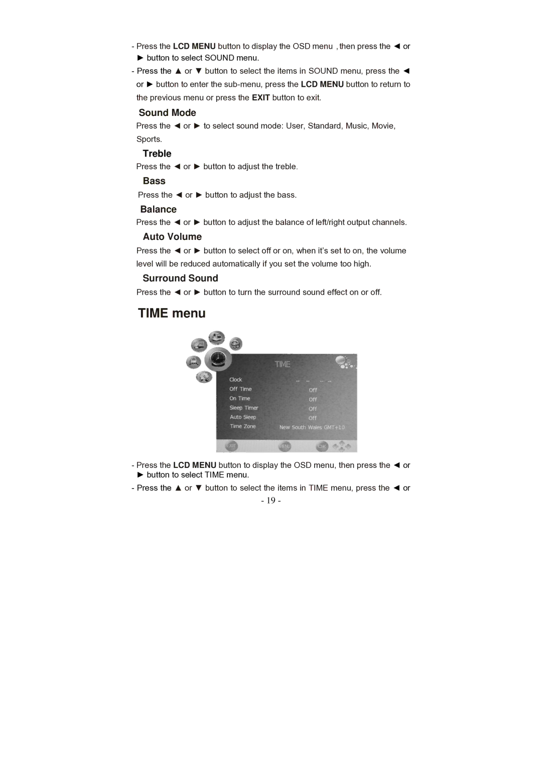 Grundig GLCD2206HDVW, GLCD1906HDVW manual Time menu, Treble 