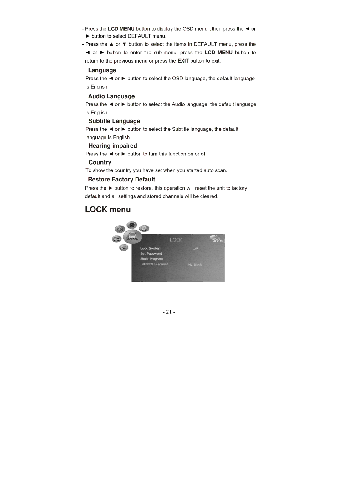 Grundig GLCD2206HDVW, GLCD1906HDVW manual Lock menu, Restore Factory Default 