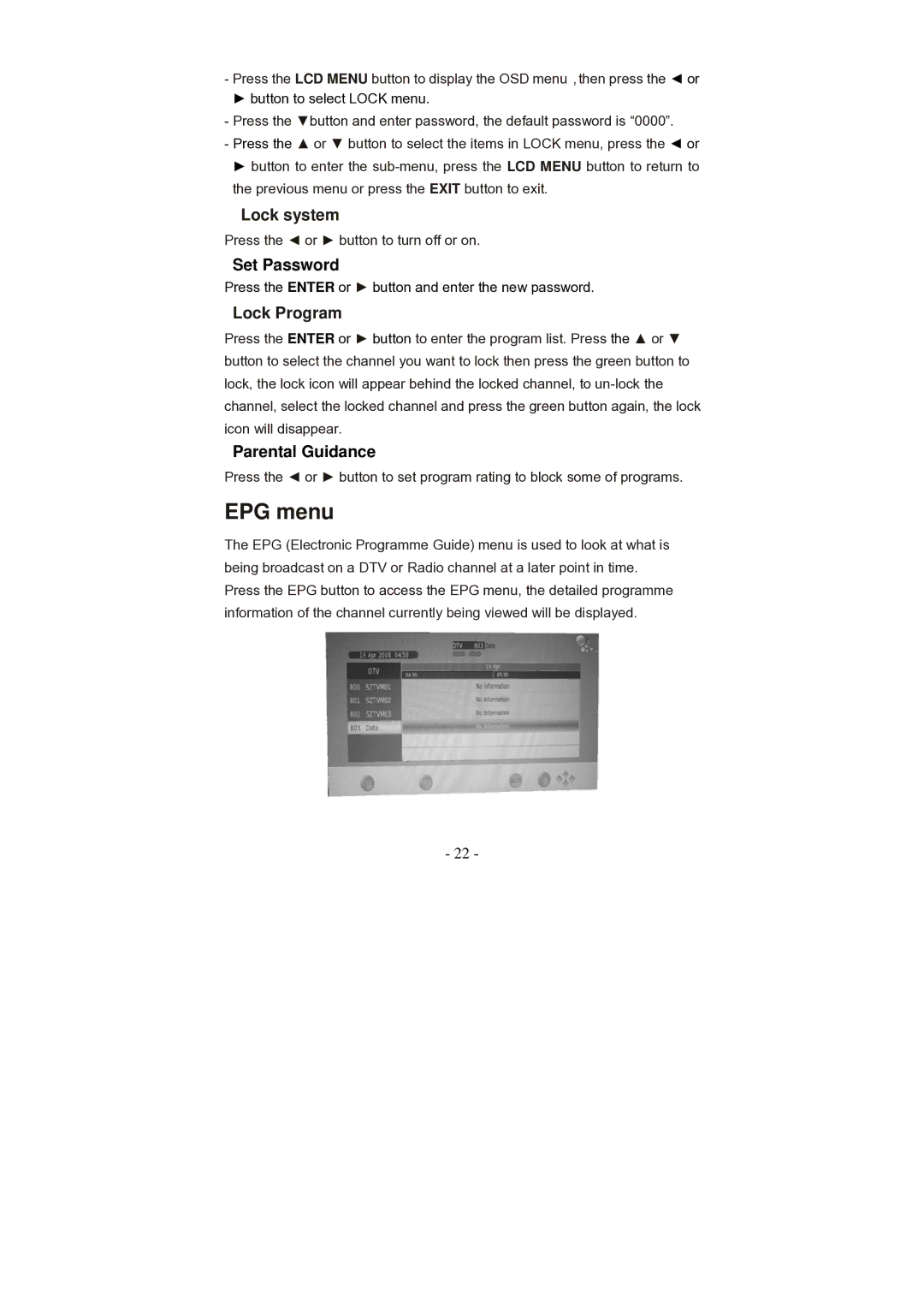 Grundig GLCD2206HDVW, GLCD1906HDVW manual EPG menu, Set Password, Parental Guidance 