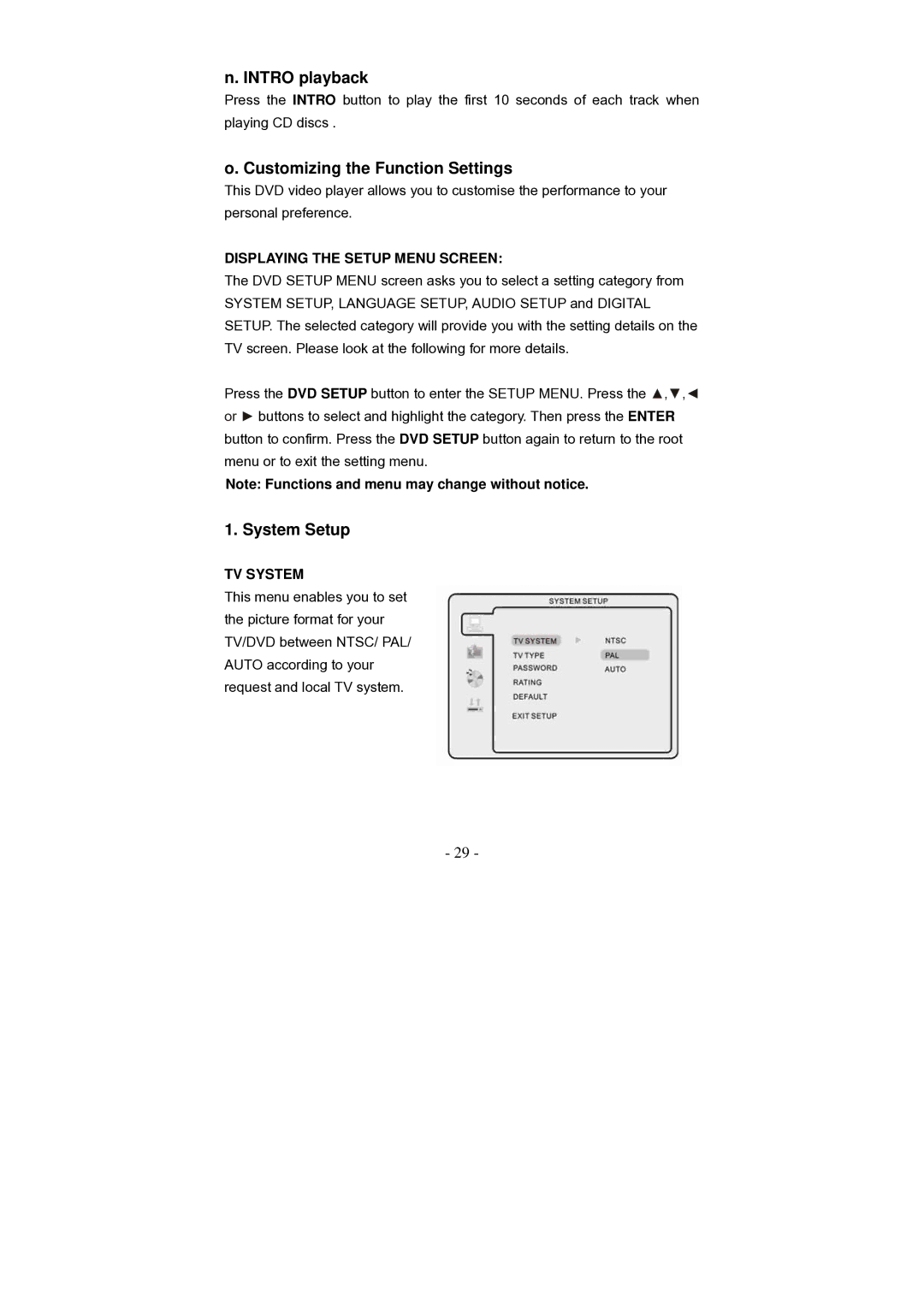 Grundig GLCD2206HDV Intro playback, Customizing the Function Settings, System Setup, Displaying the Setup Menu Screen 