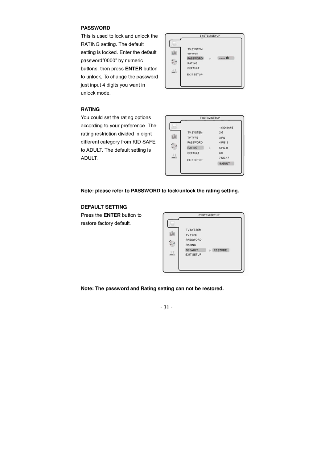 Grundig GLCD2206HDVW, GLCD1906HDVW manual Password, Rating, Default Setting 