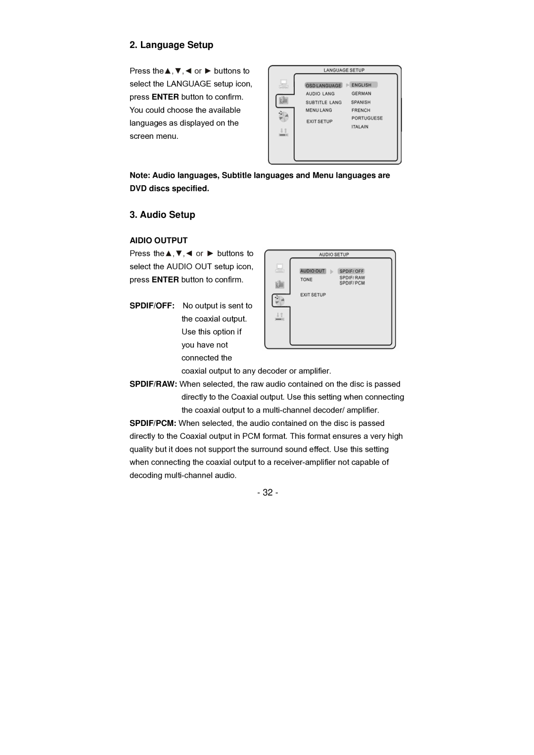 Grundig GLCD1906HDVW, GLCD2206HDVW manual Language Setup, Audio Setup, Aidio Output 