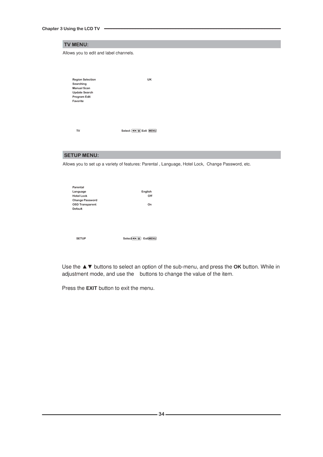 Grundig GLCD3201, GLCD4001 manual TV Menu, Setup Menu 