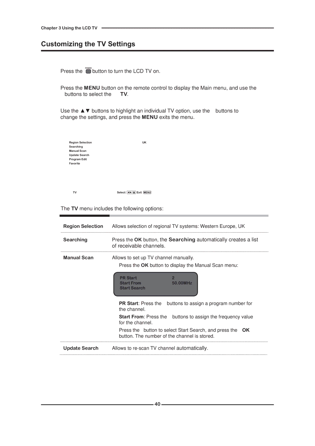 Grundig GLCD3201, GLCD4001 manual Customizing the TV Settings, TV menu includes the following options, Receivable channels 