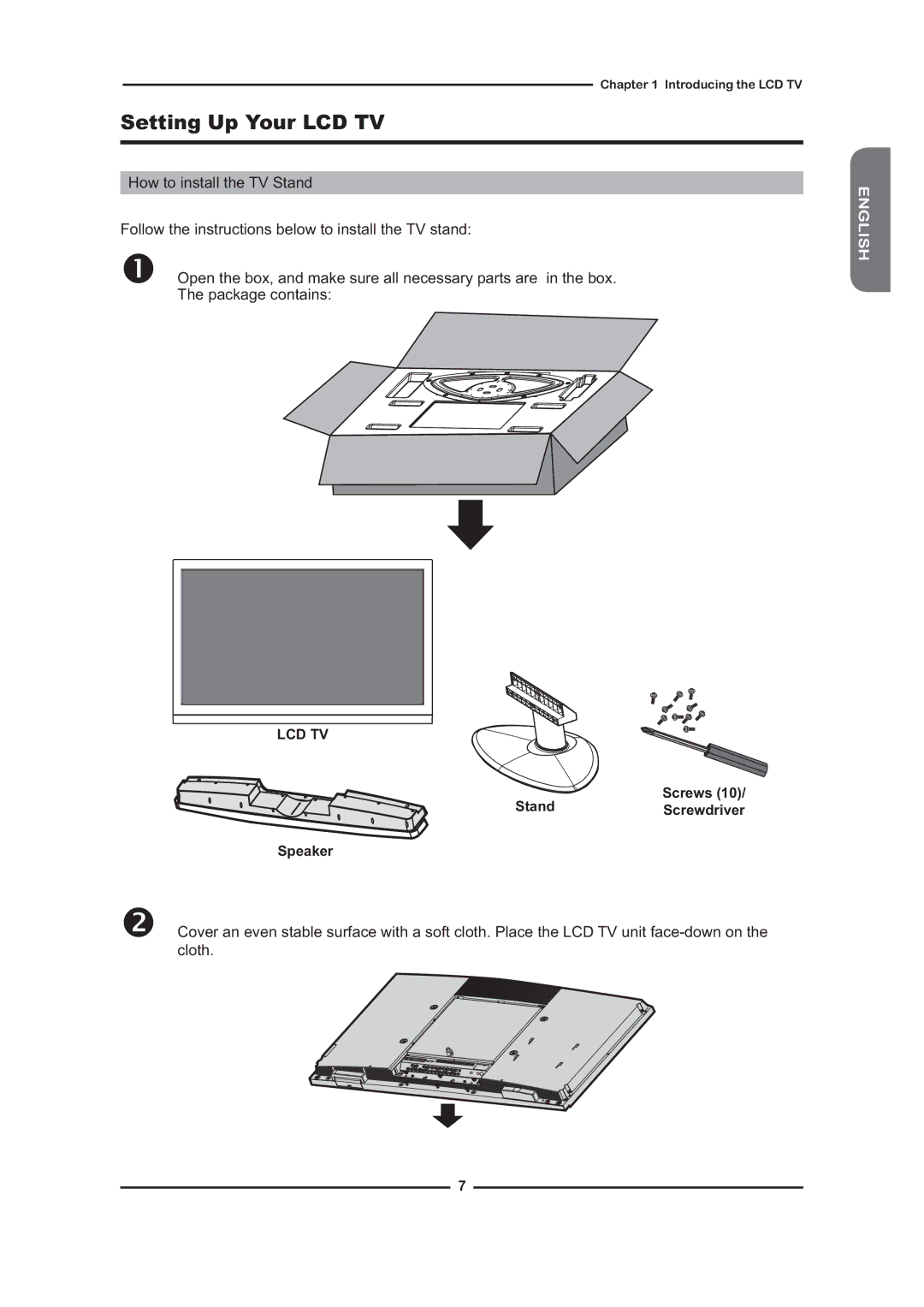 Grundig GLCD4001, GLCD3201 manual Setting Up Your LCD TV, Lcd Tv, Screws StandScrewdriver Speaker 