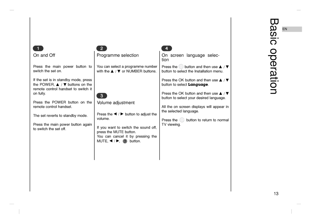 Grundig GLCD4000HD, GLCD4600HD manual Basic operation, On and Off, Programme selection, Volume adjustment 