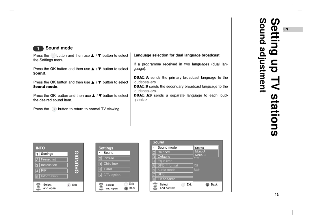 Grundig GLCD4000HD, GLCD4600HD manual Setting up TV stations, Sound mode, Language selection for dual language broadcast 