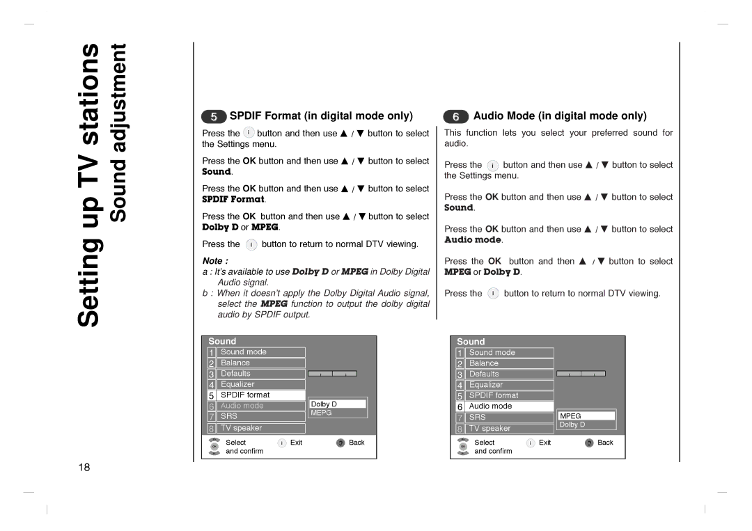 Grundig GLCD4000HD, GLCD4600HD manual Stations, TV Sound, Setting up, Spdif Format in digital mode only 