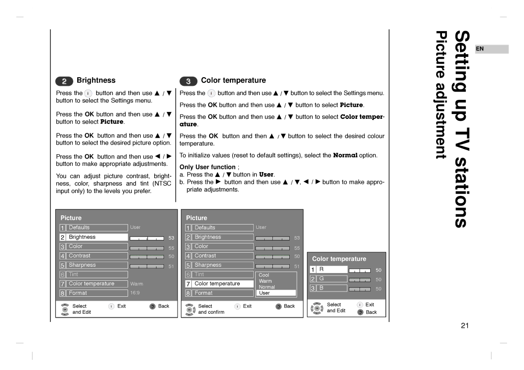 Grundig GLCD4000HD, GLCD4600HD manual Brightness, Color temperature, Only User function 