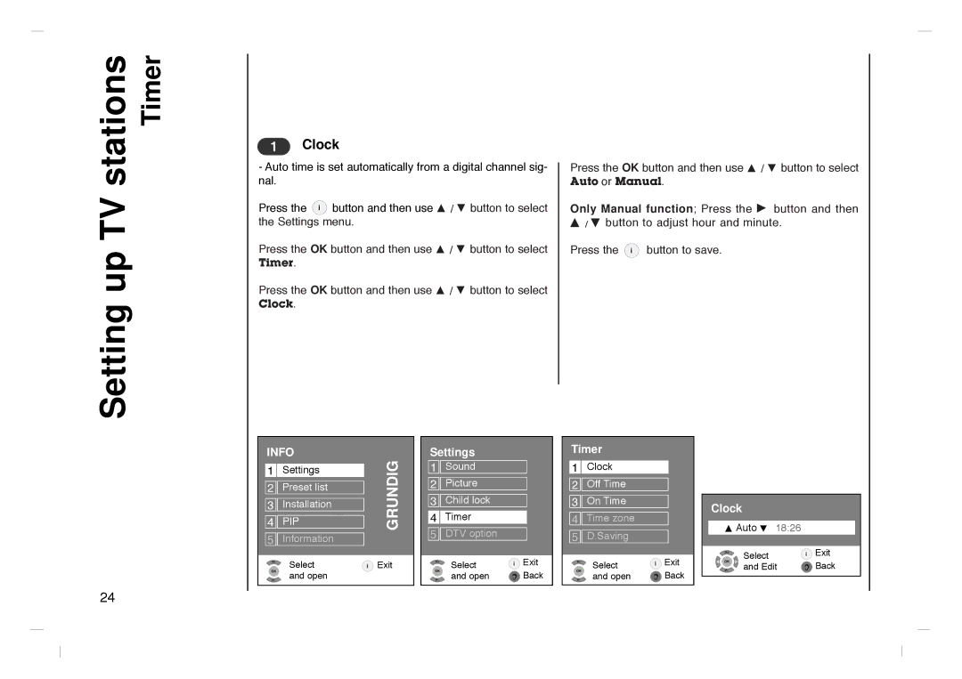 Grundig GLCD4000HD, GLCD4600HD manual Setting up TV, Clock 