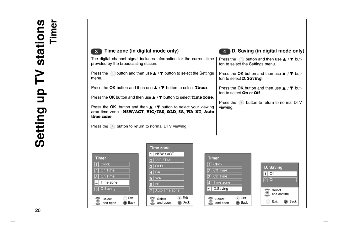 Grundig GLCD4000HD, GLCD4600HD manual Time zone in digital mode only, Saving in digital mode only 