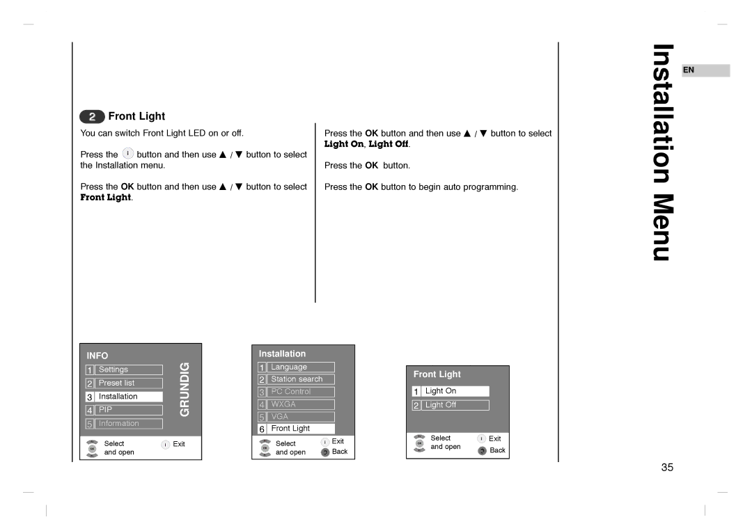 Grundig GLCD4000HD, GLCD4600HD manual Installation, Front Light 