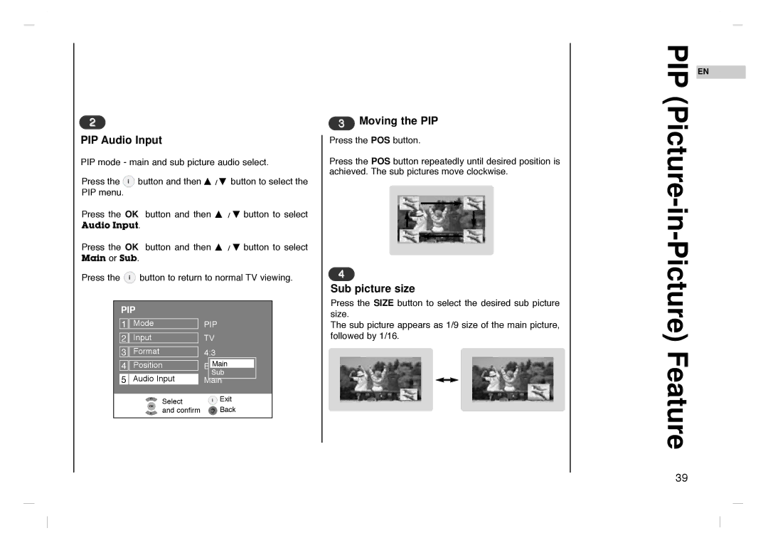 Grundig GLCD4000HD, GLCD4600HD manual PIP Audio Input, Moving the PIP, Sub picture size 