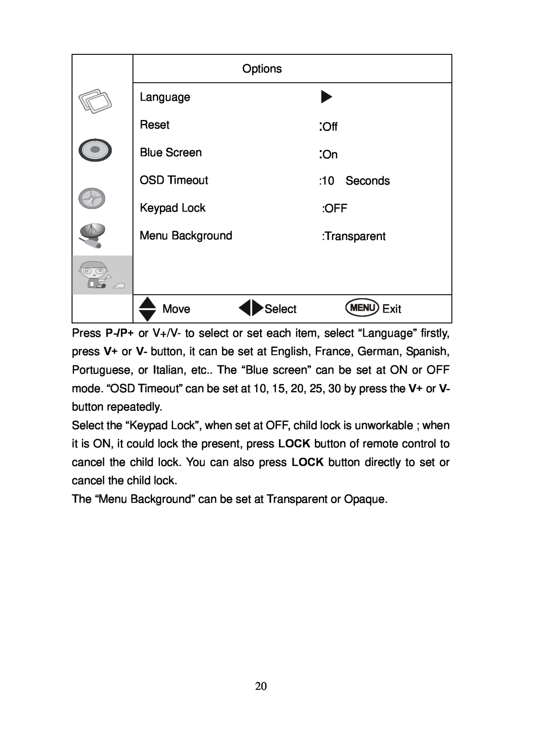 Grundig TR 1521 Options, Language, Reset, Blue Screen, OSD Timeout, Seconds, Keypad Lock, Menu Background, Transparent 