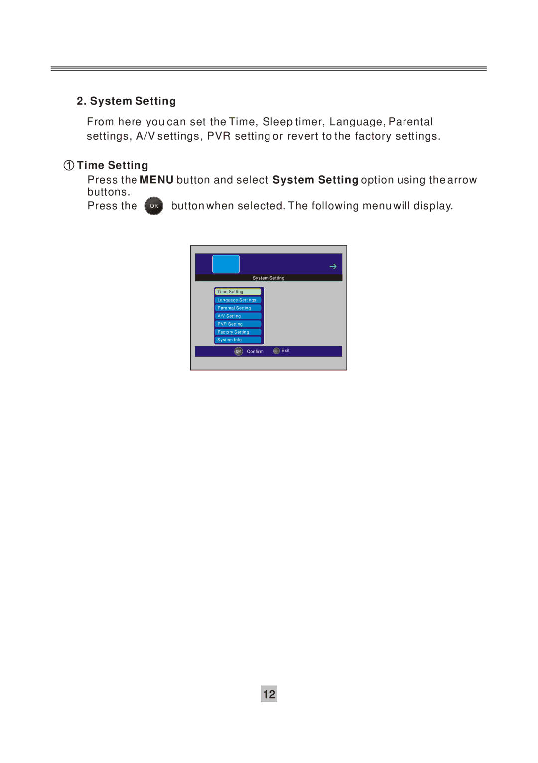 Grundig GPVR1250 instruction manual System Setting, Time Setting 