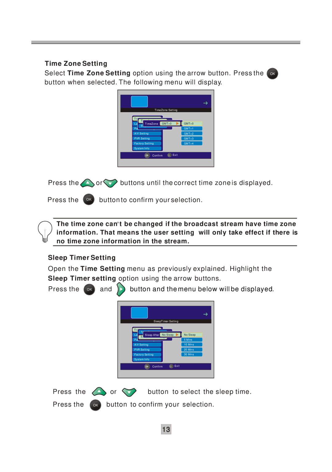 Grundig GPVR1250 instruction manual Time Zone Setting, TimeZone Setting 