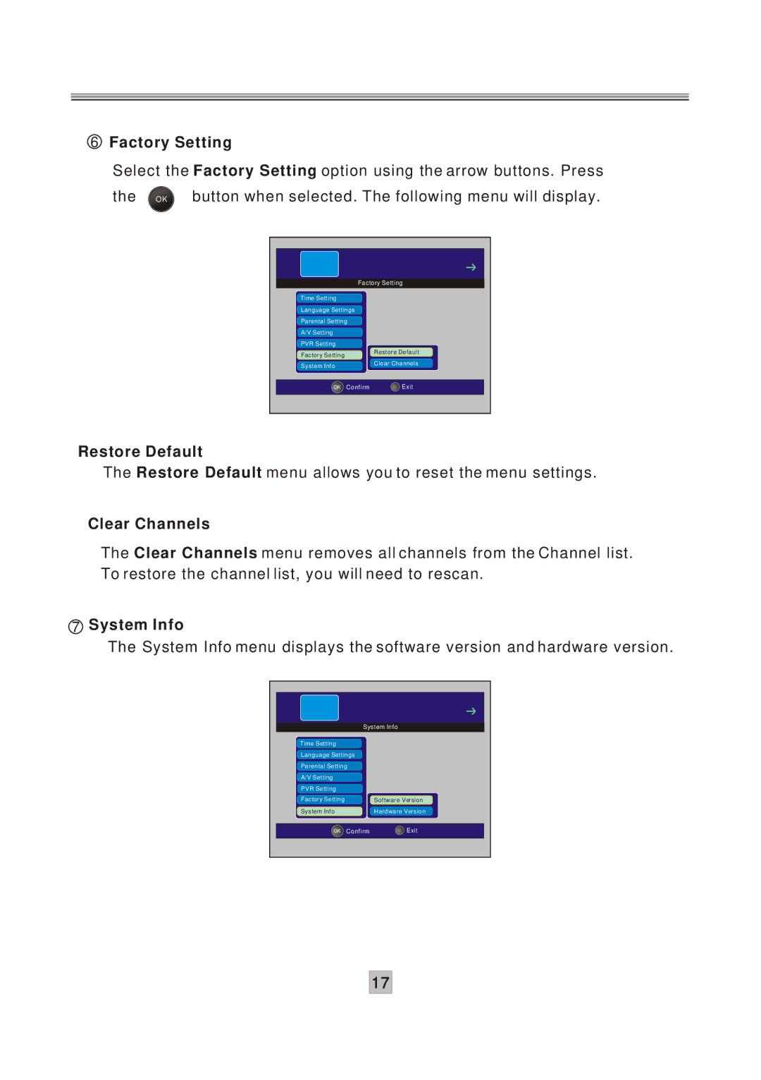 Grundig GPVR1250 instruction manual Factory Setting, Restore Default, Clear Channels, System Info 