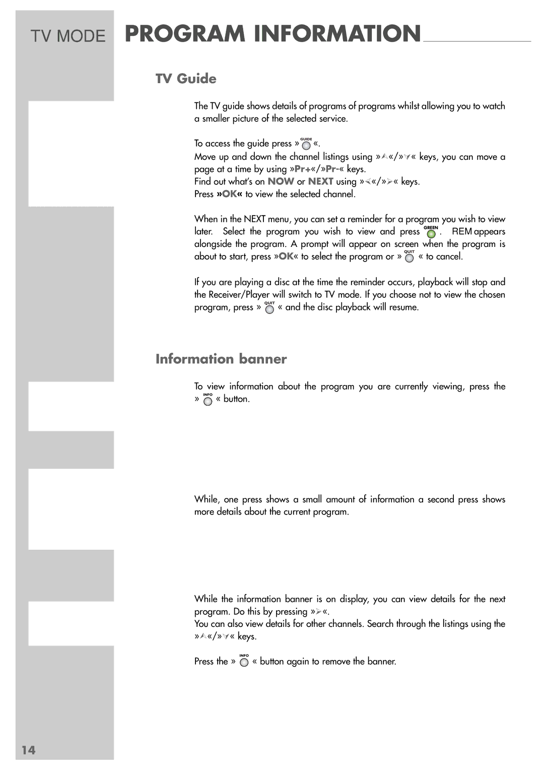 Grundig GRP6000 manual TV Mode Program Information, TV Guide, Information banner 