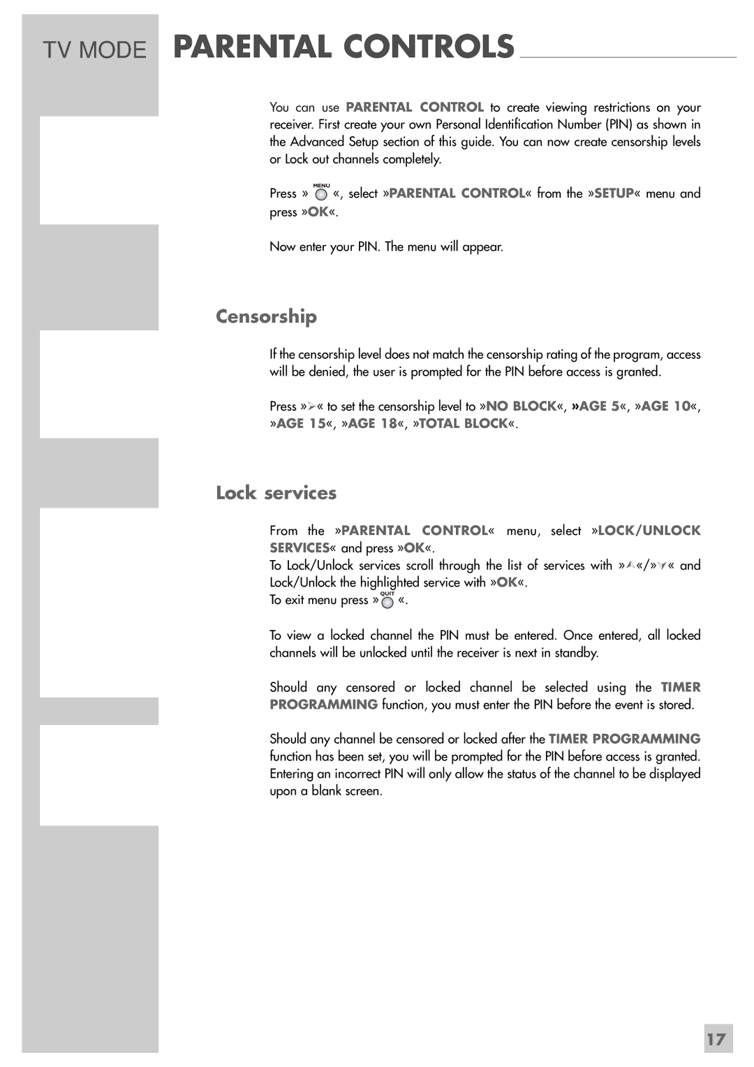 Grundig GRP6000 manual TV Mode Parental Controls, Censorship, Lock services 