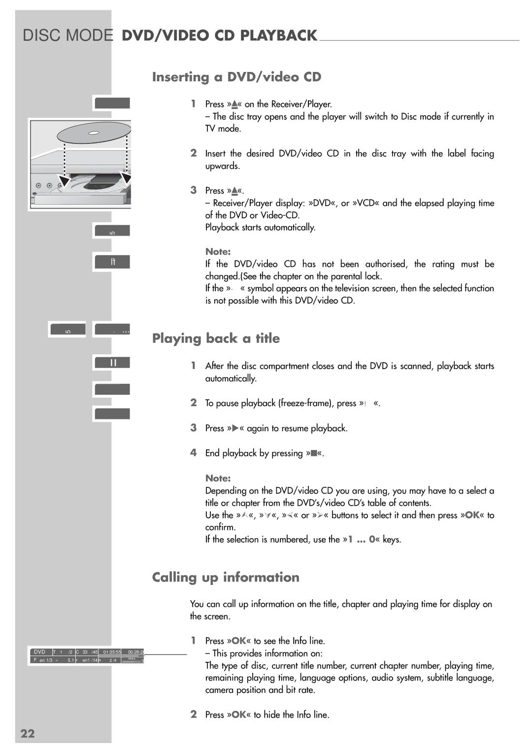 Grundig GRP6000 Disc Mode DVD/VIDEO CD Playback, Inserting a DVD/video CD, Playing back a title, Calling up information 