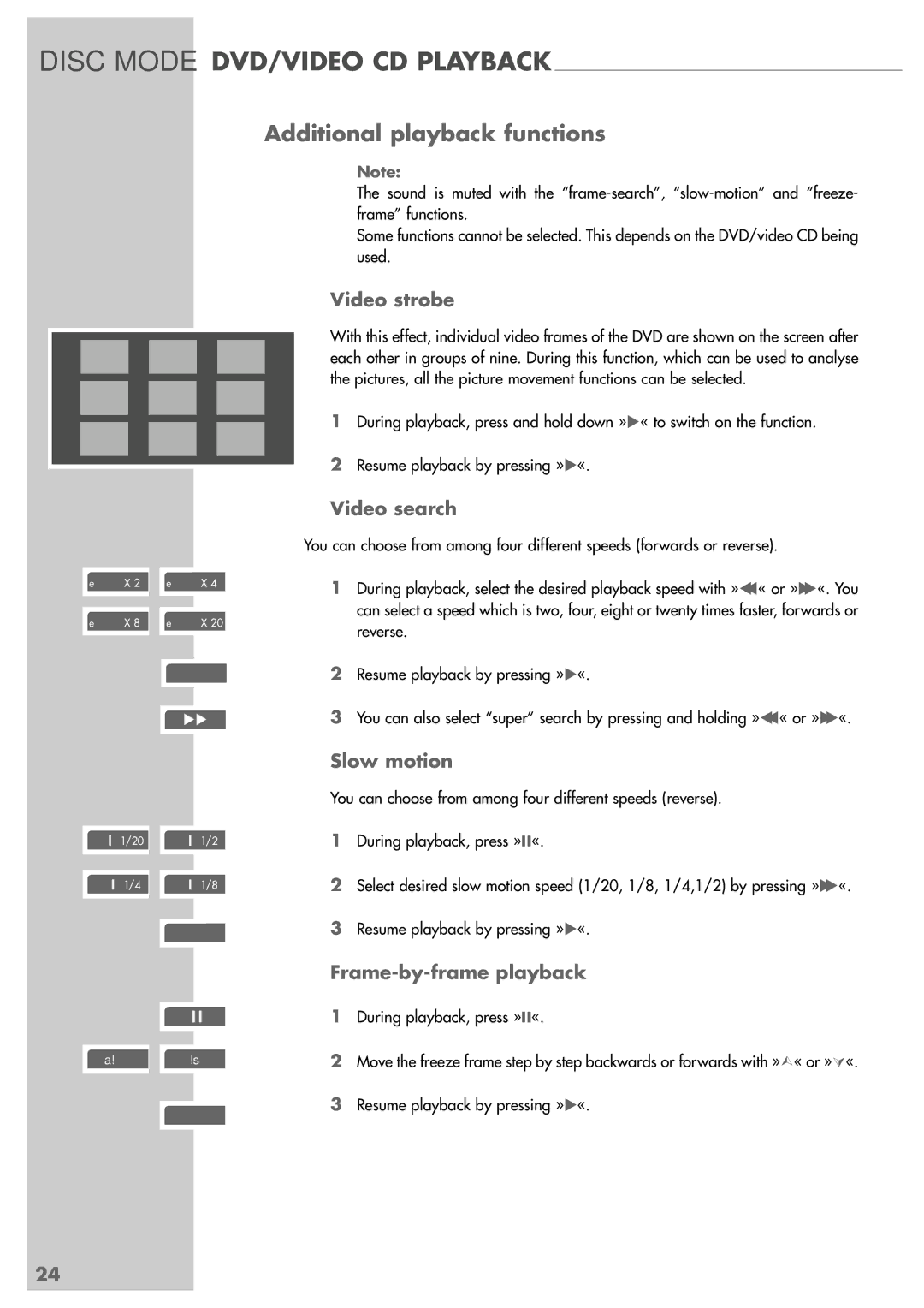 Grundig GRP6000 manual Additional playback functions, Video strobe, Video search, Slow motion, Frame-by-frame playback 