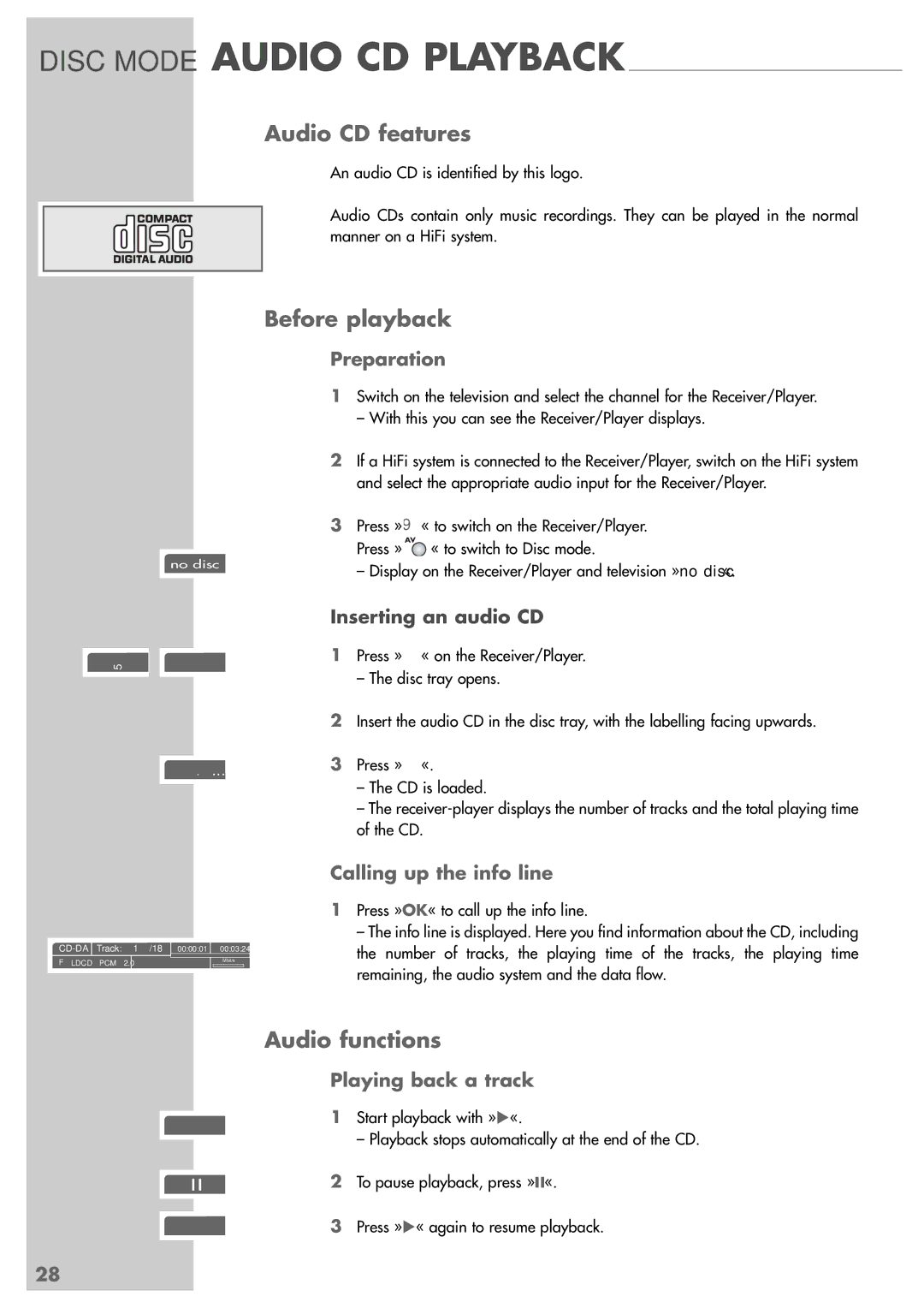 Grundig GRP6000 manual Disc Mode Audio CD Playback, Audio CD features, Audio functions, Calling up the info line 