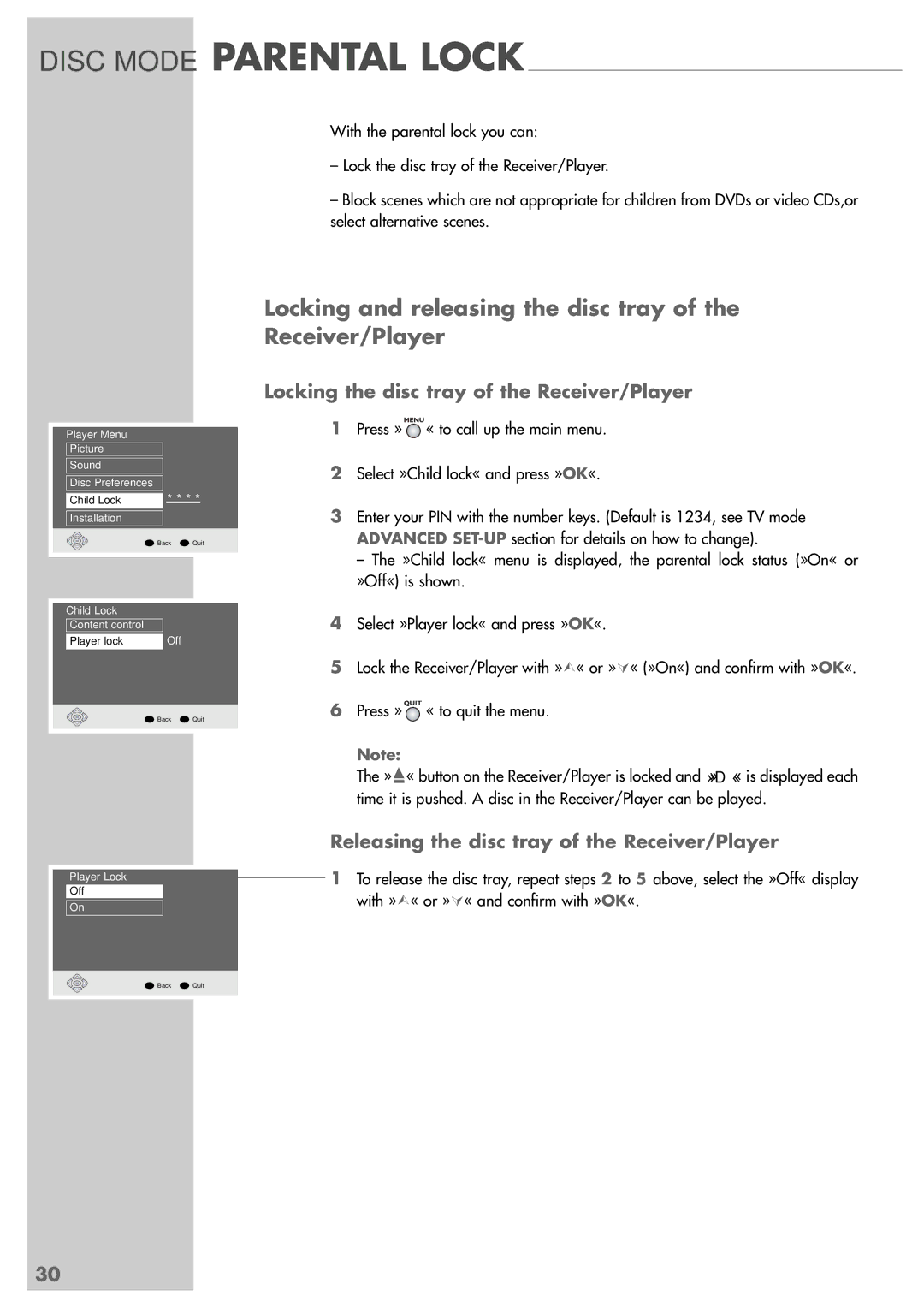 Grundig GRP6000 manual Disc Mode Parental Lock, Locking and releasing the disc tray of the Receiver/Player 