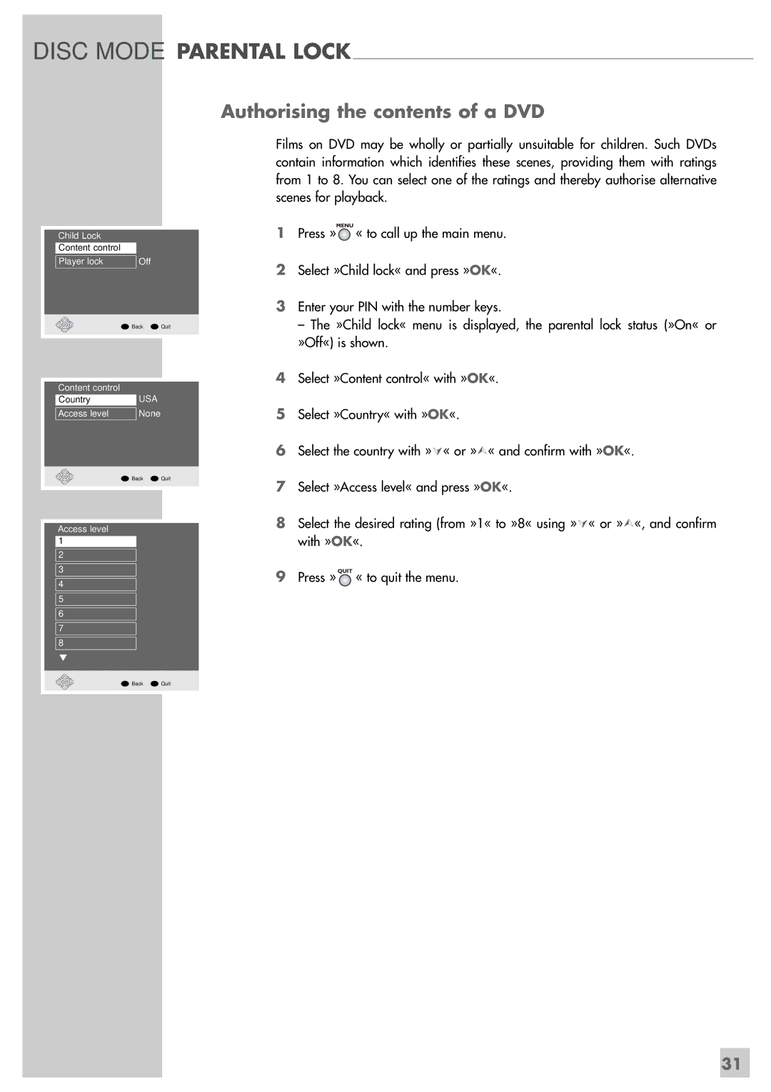 Grundig GRP6000 manual Disc Mode Parental Lock, Authorising the contents of a DVD 