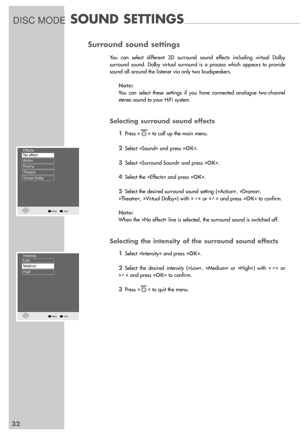 Grundig GRP6000 manual Disc Mode Sound Settings, Surround sound settings, Selecting surround sound effects 