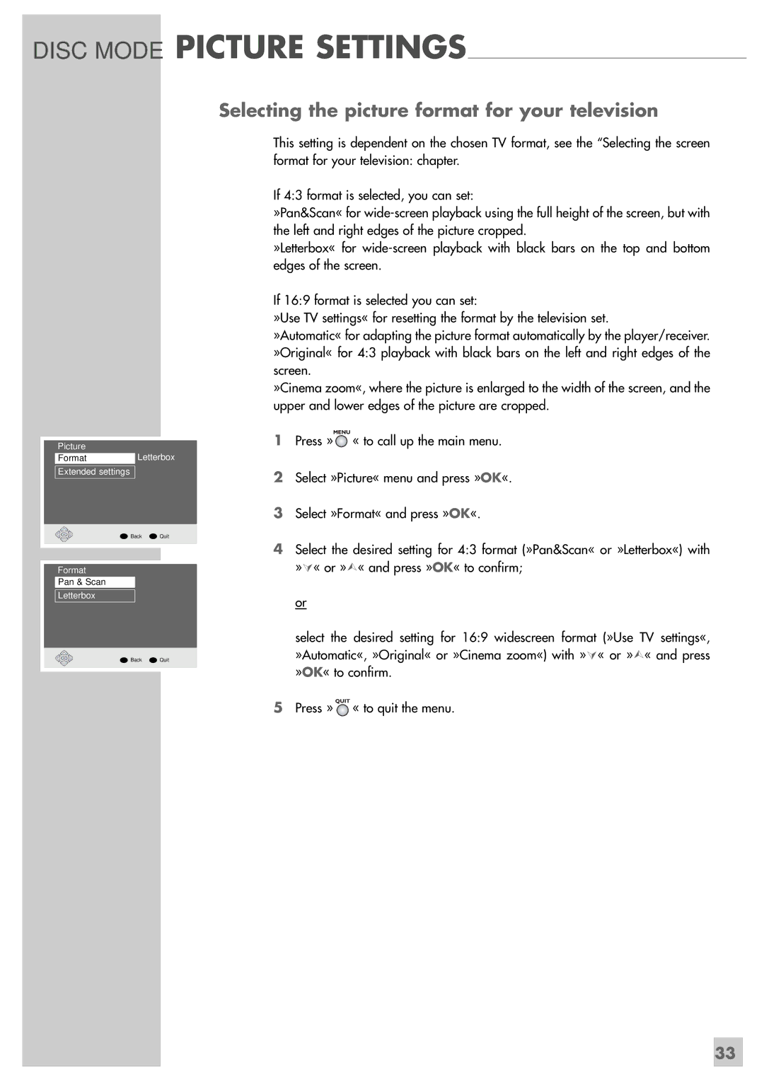 Grundig GRP6000 manual Disc Mode Picture Settings, Selecting the picture format for your television 