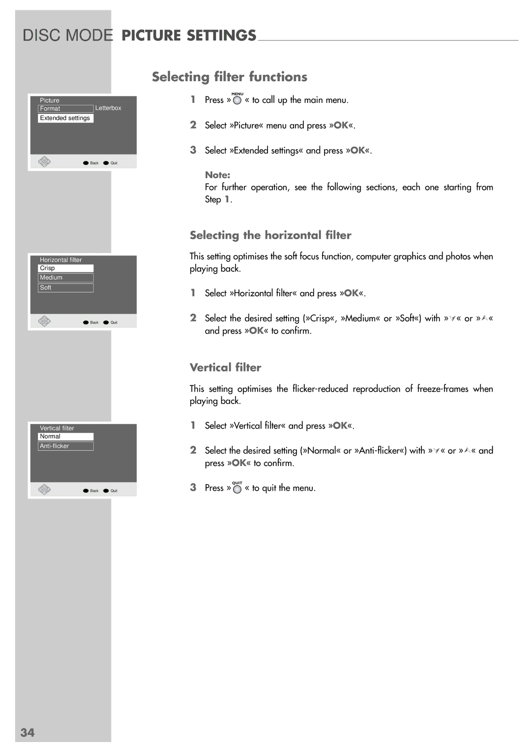 Grundig GRP6000 Disc Mode Picture Settings, Selecting filter functions, Selecting the horizontal filter, Vertical filter 