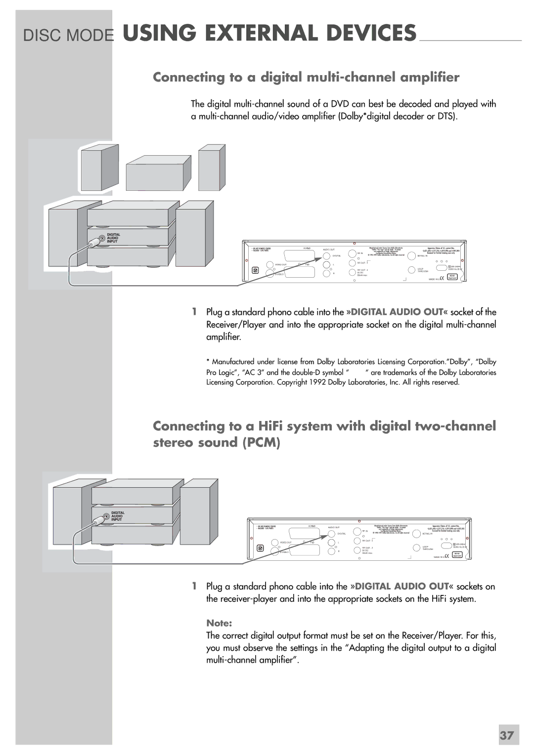 Grundig GRP6000 manual Disc Mode Using External Devices, Connecting to a digital multi-channel amplifier 