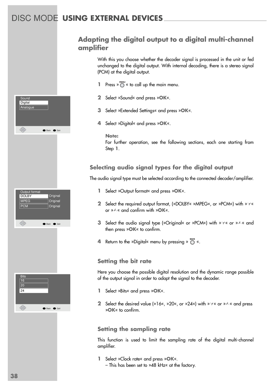 Grundig GRP6000 manual Disc Mode Using External Devices, Selecting audio signal types for the digital output 