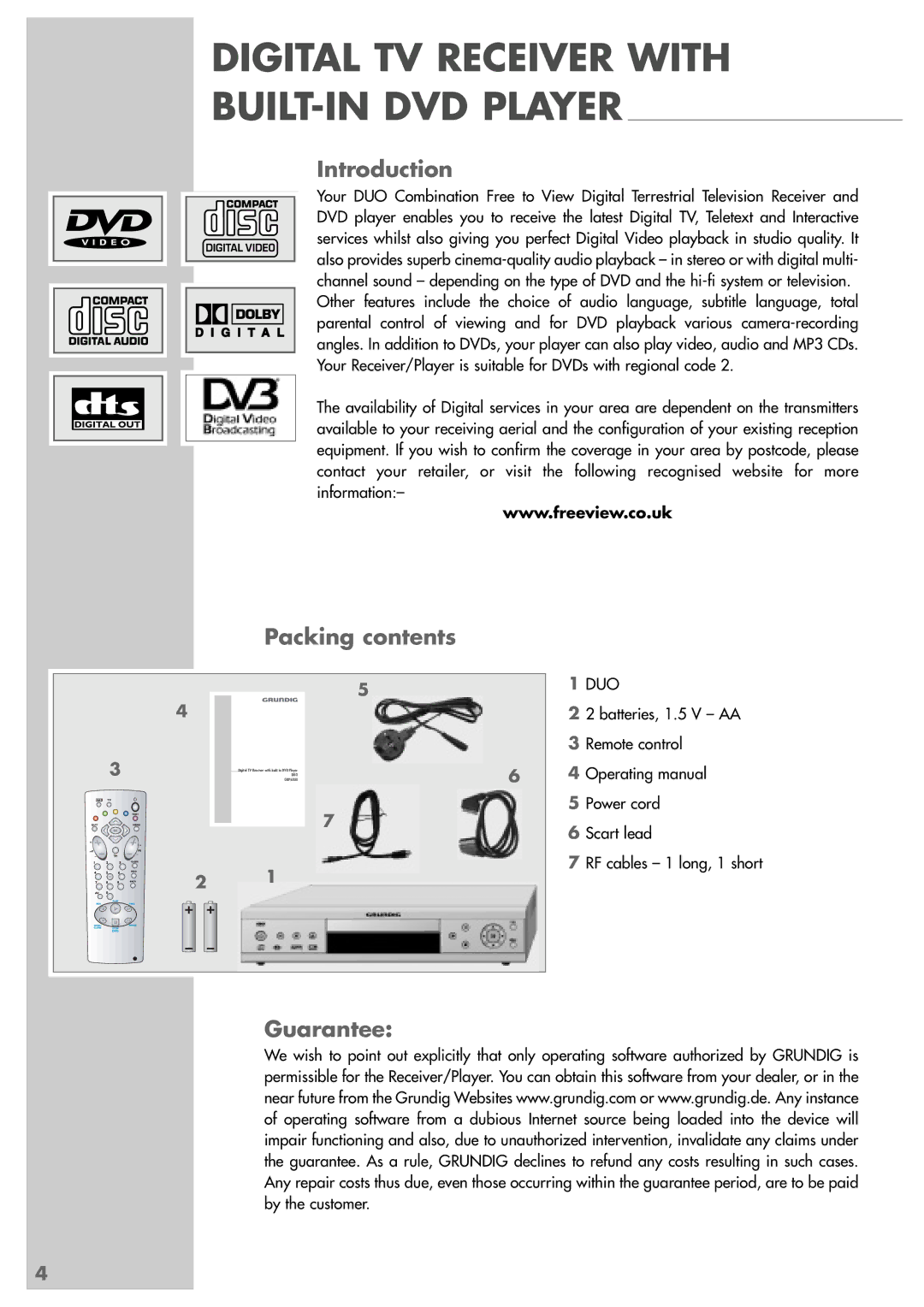 Grundig GRP6000 manual Digital TV Receiver with BUILT-IN DVD Player, Introduction, Packing contents, Guarantee 