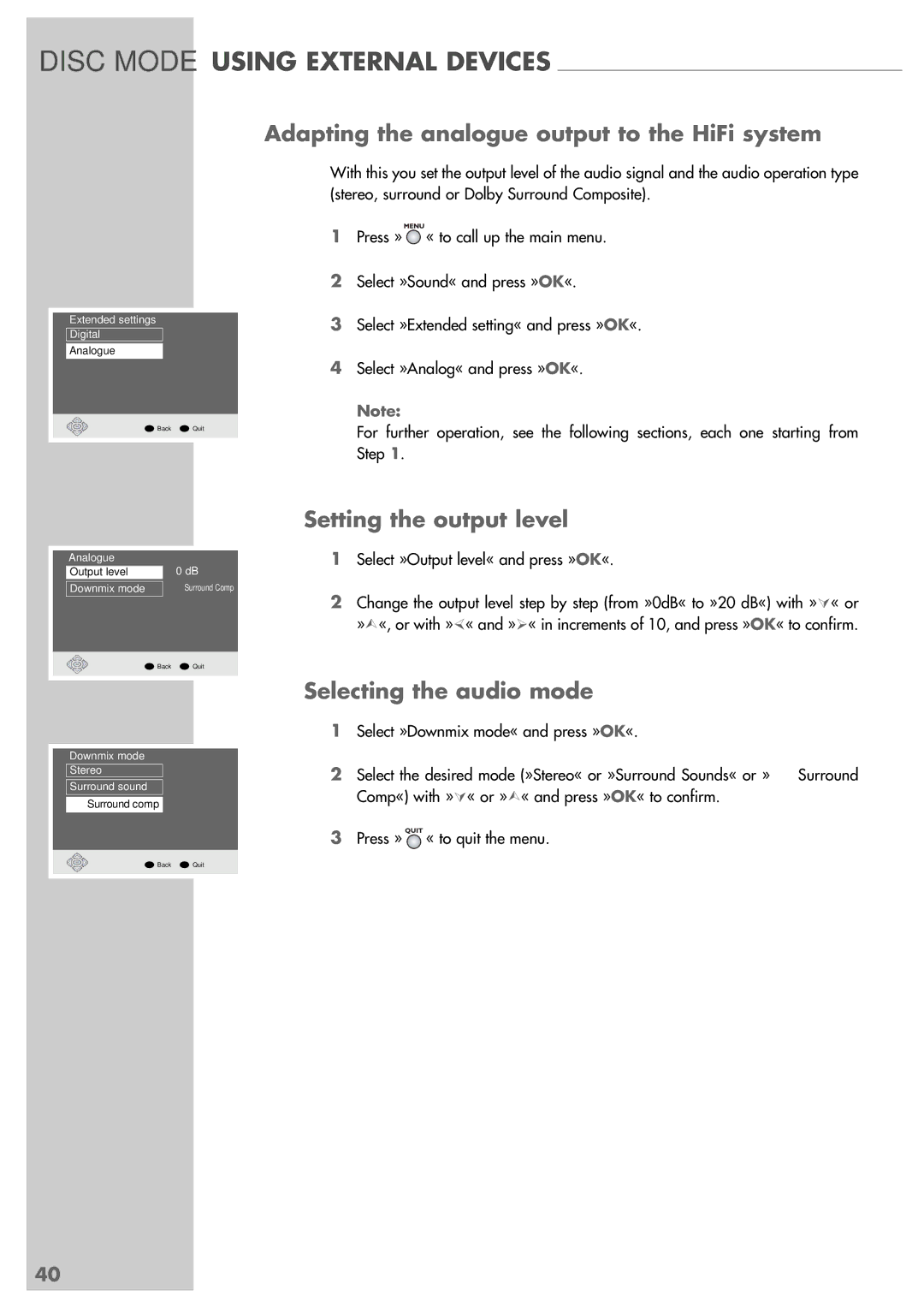 Grundig GRP6000 manual Adapting the analogue output to the HiFi system, Setting the output level, Selecting the audio mode 