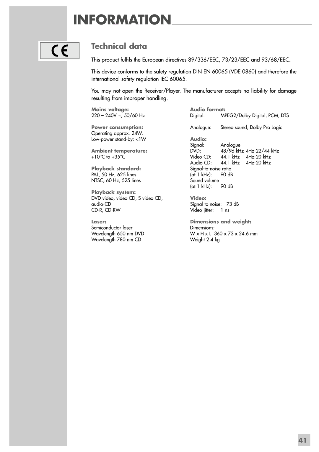 Grundig GRP6000 manual Information, Technical data 