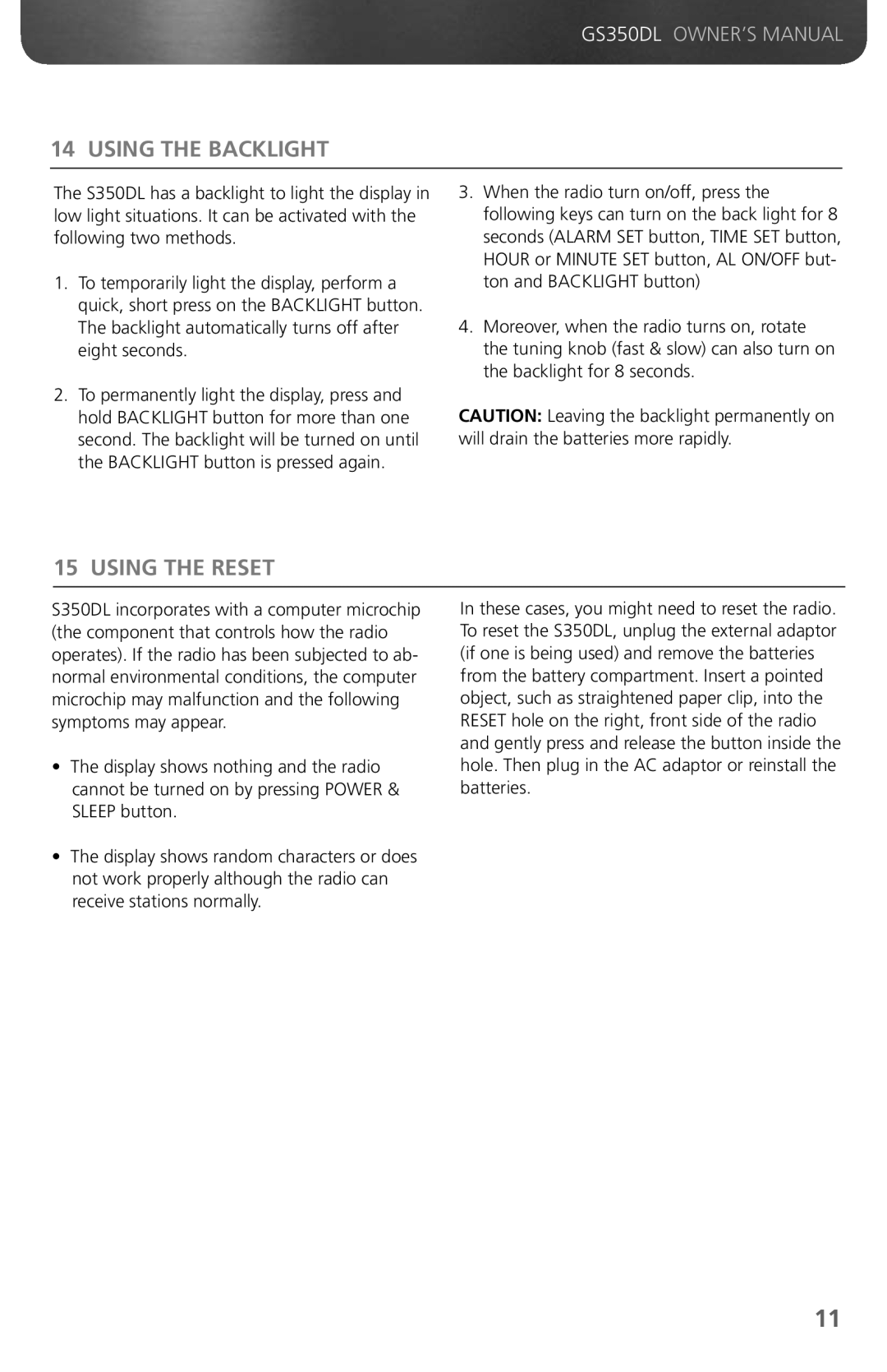 Grundig GS350DL owner manual Using the Backlight, Using the Reset 