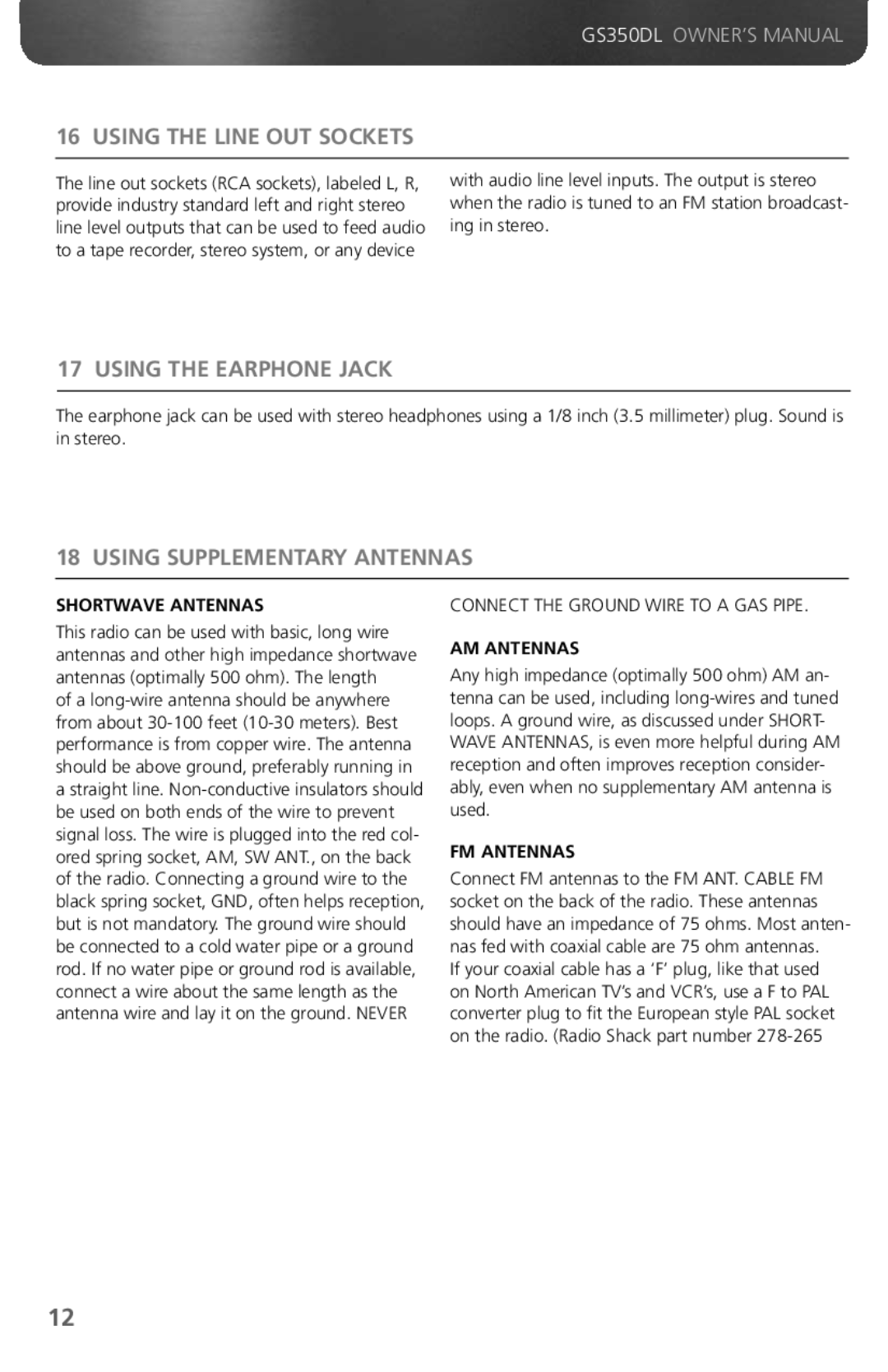 Grundig GS350DL owner manual Using the Line OUT Sockets, Using the Earphone Jack, Using Supplementary Antennas 